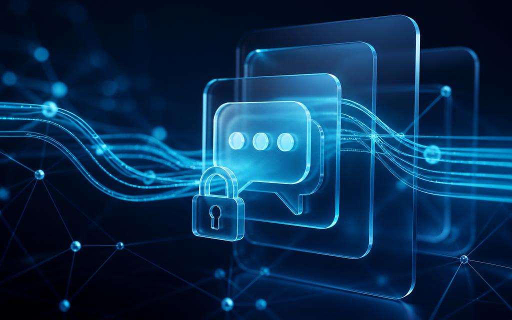 Secure telecom messaging represented by glowing glass signal paths