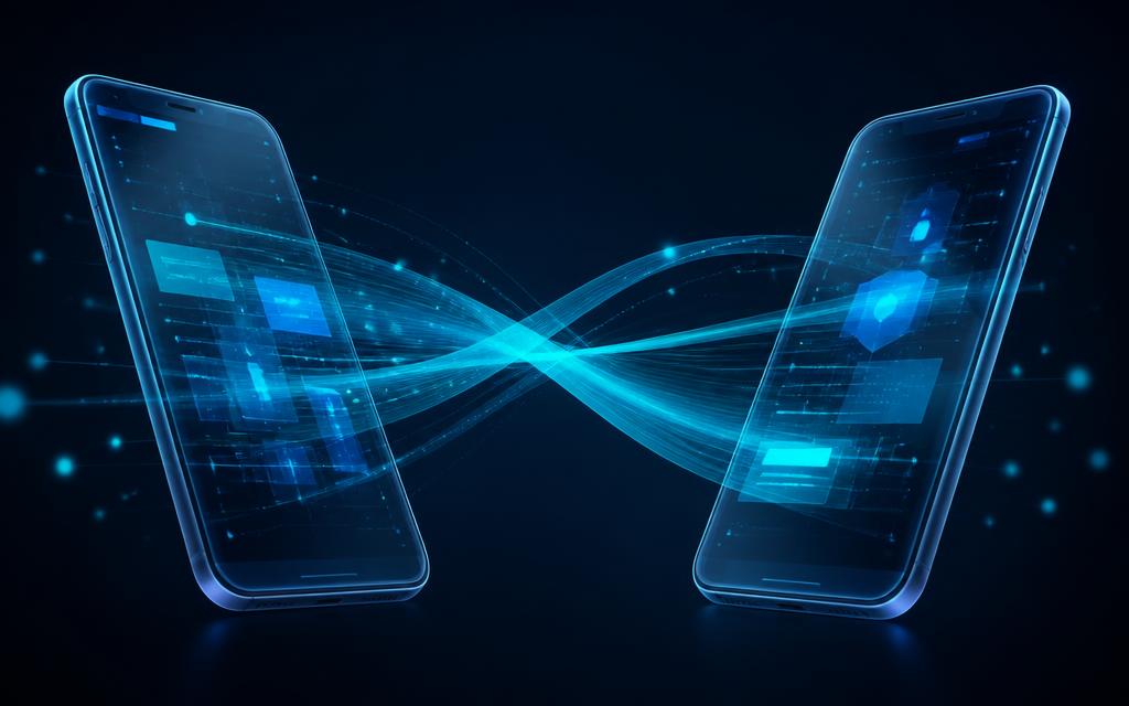 Two connected mobile devices with flowing blue data ribbons
